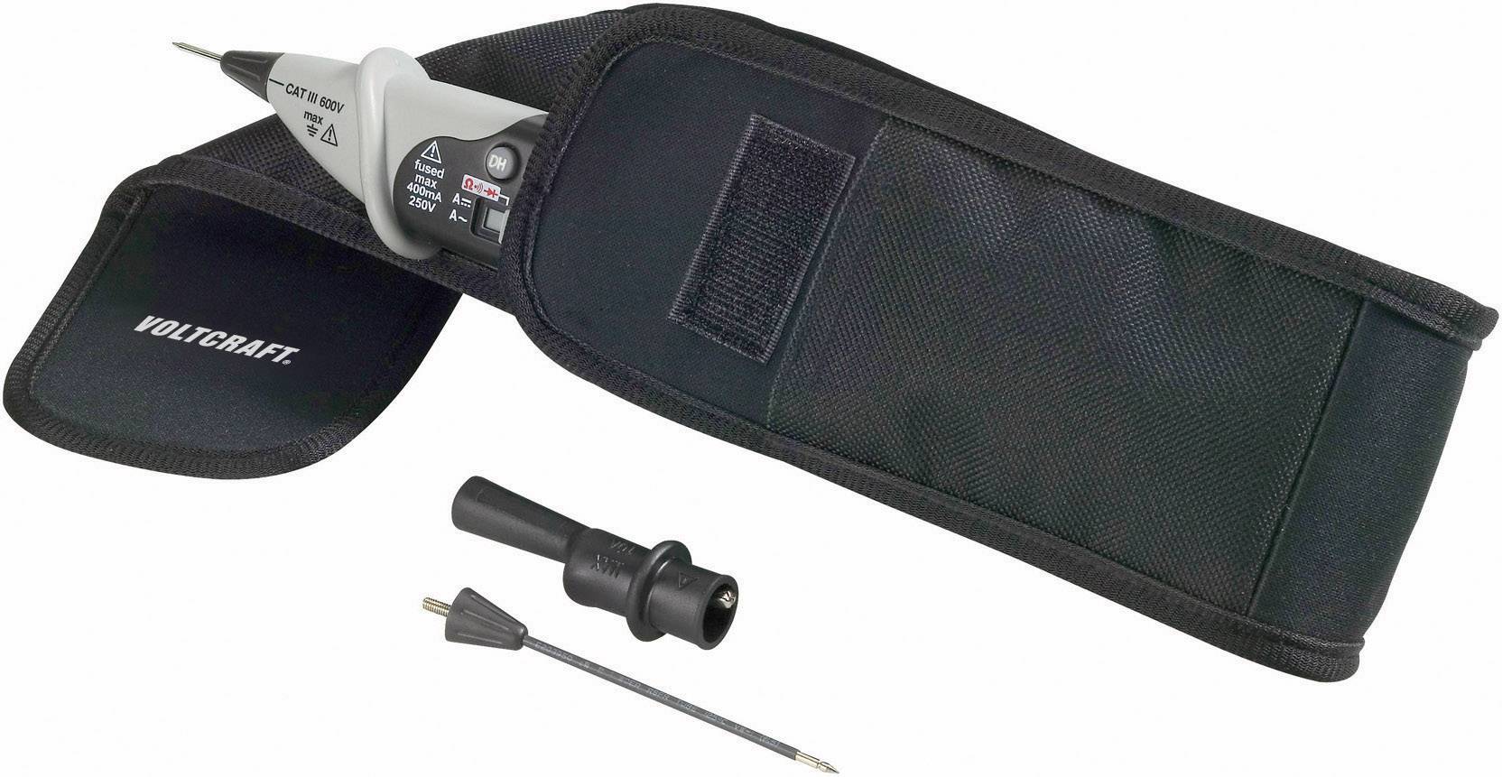 Tragbare Hülle mit elektrischem Messgerät und Zubehör. Enthält Prüfspitze und Adapter, geeignet für Spannungs- und Strommessungen.