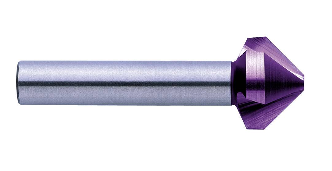 Metallischer Senker mit violettem konischem Kopf, geeignet für Bohrlöcher in Metall- oder Holzoberflächen.