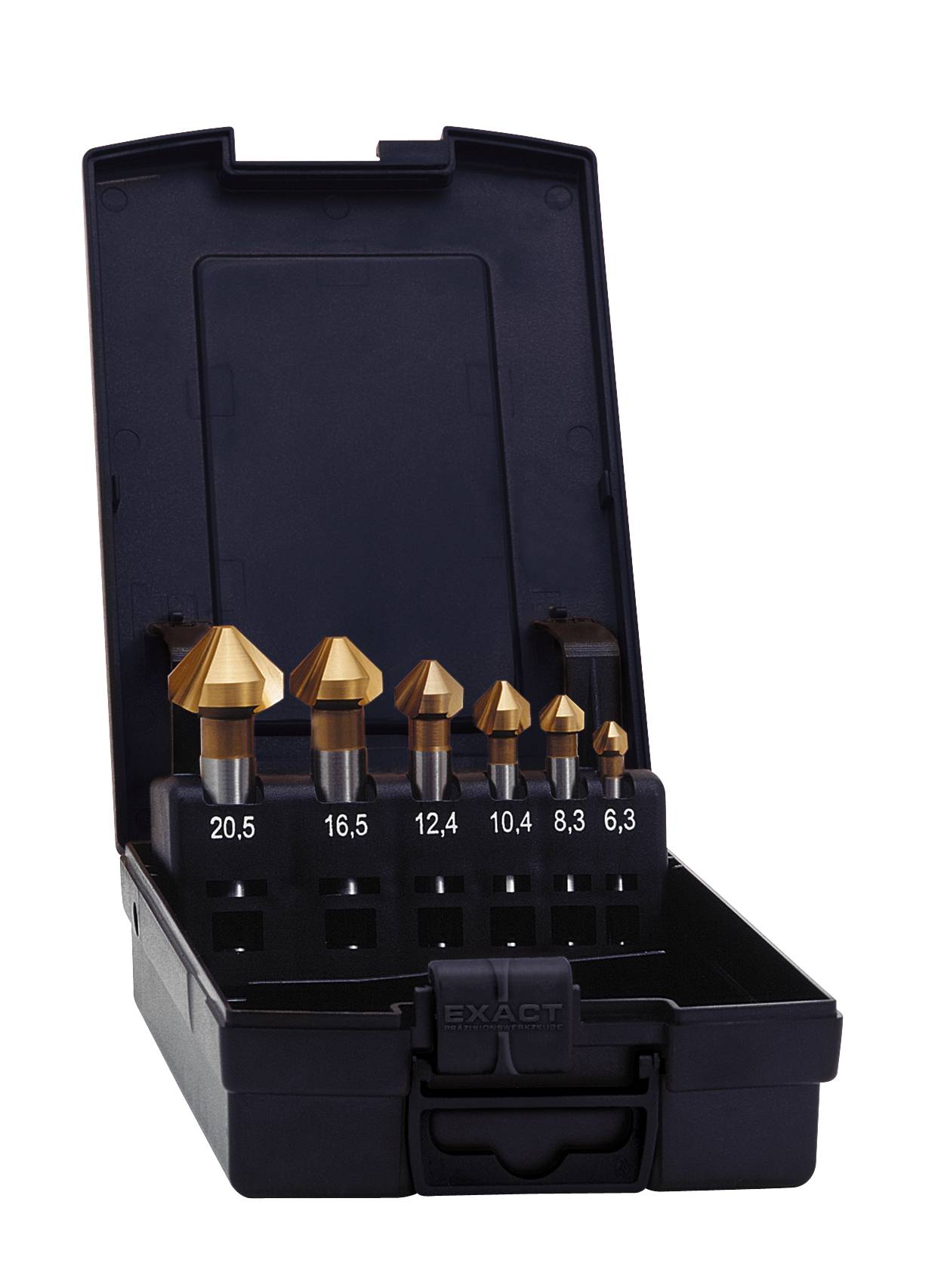 Satz von sechs Kegelsenkerbohrern in einem geöffneten schwarzen Etui; Größen von 6,3 bis 20,5 mm, geeignet für Metallbearbeitung.