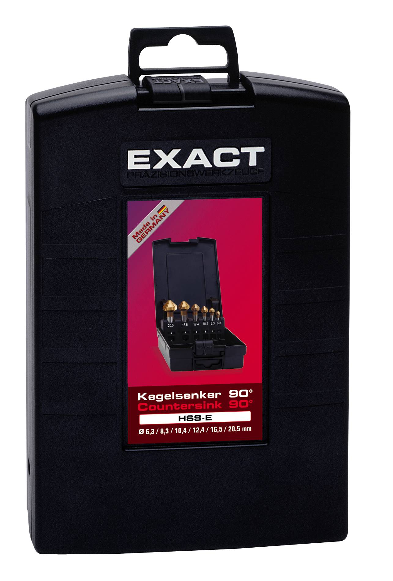 'EXACT Kegelsenker 90° Countersink 90° HSS-E' in einer schwarzen Box dargestellt. Enthält Kegelsenkergrößen von 6,3 bis 20,5 mm.