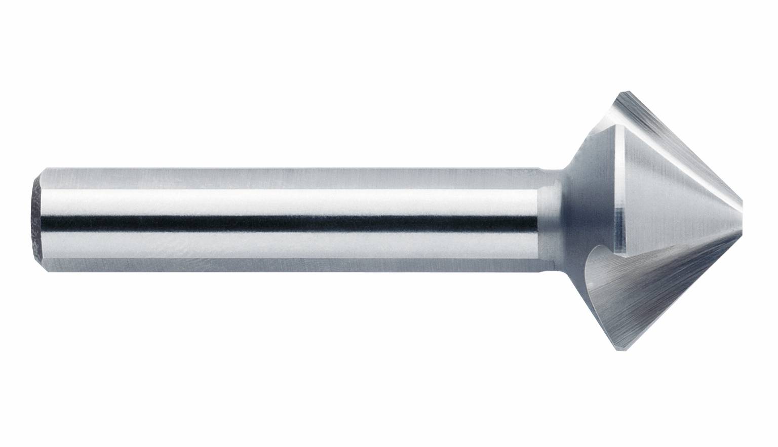 Ein silberner Metall-Senker mit konischem Kopf und geradem Schaft, für die Herstellung von Senkungen in Werkstücken.