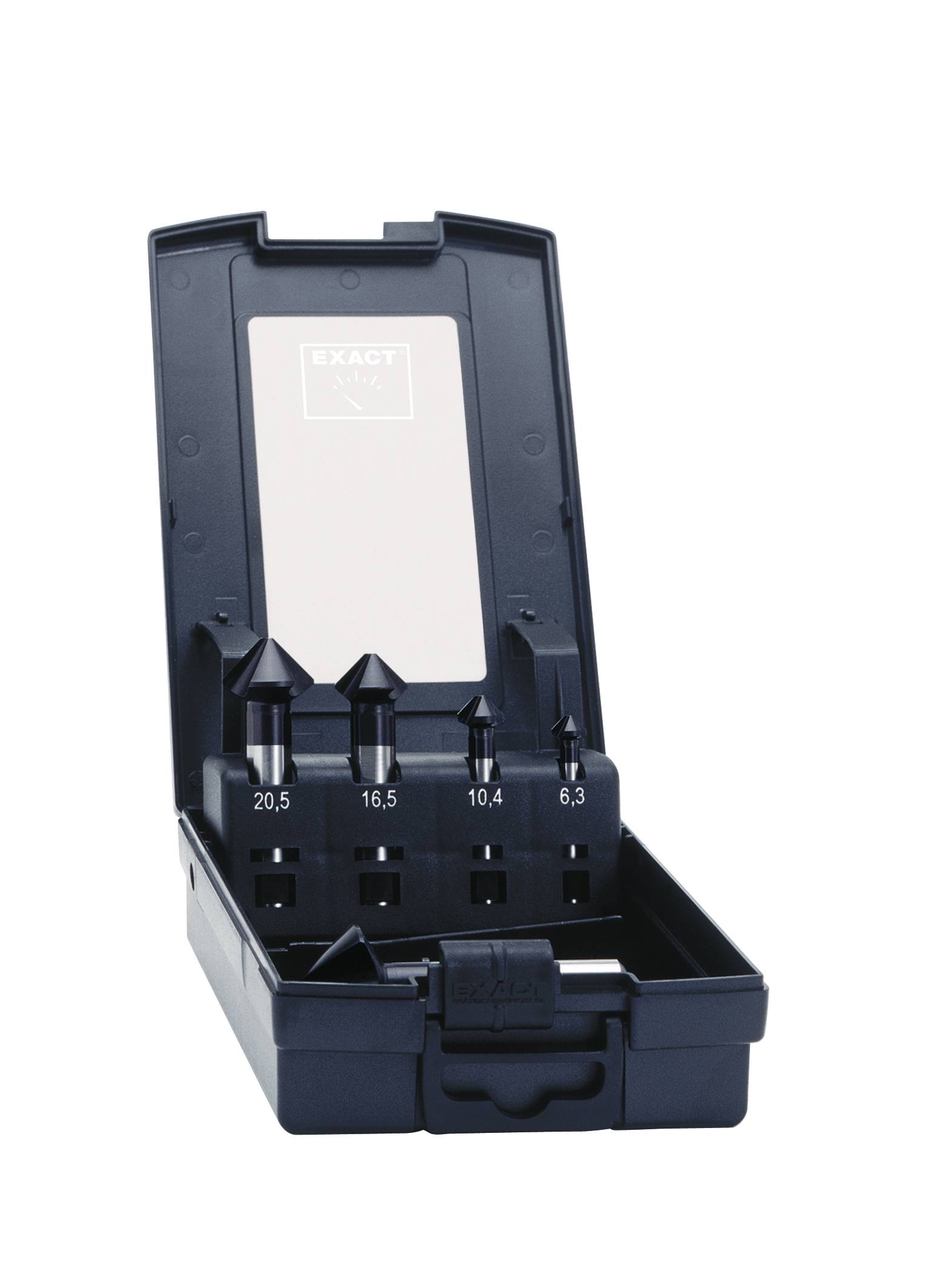 Vier Entgratsenker in einer offenen schwarzen Box, Größen: 20,5 mm, 16,5 mm, 10,4 mm, 6,3 mm.