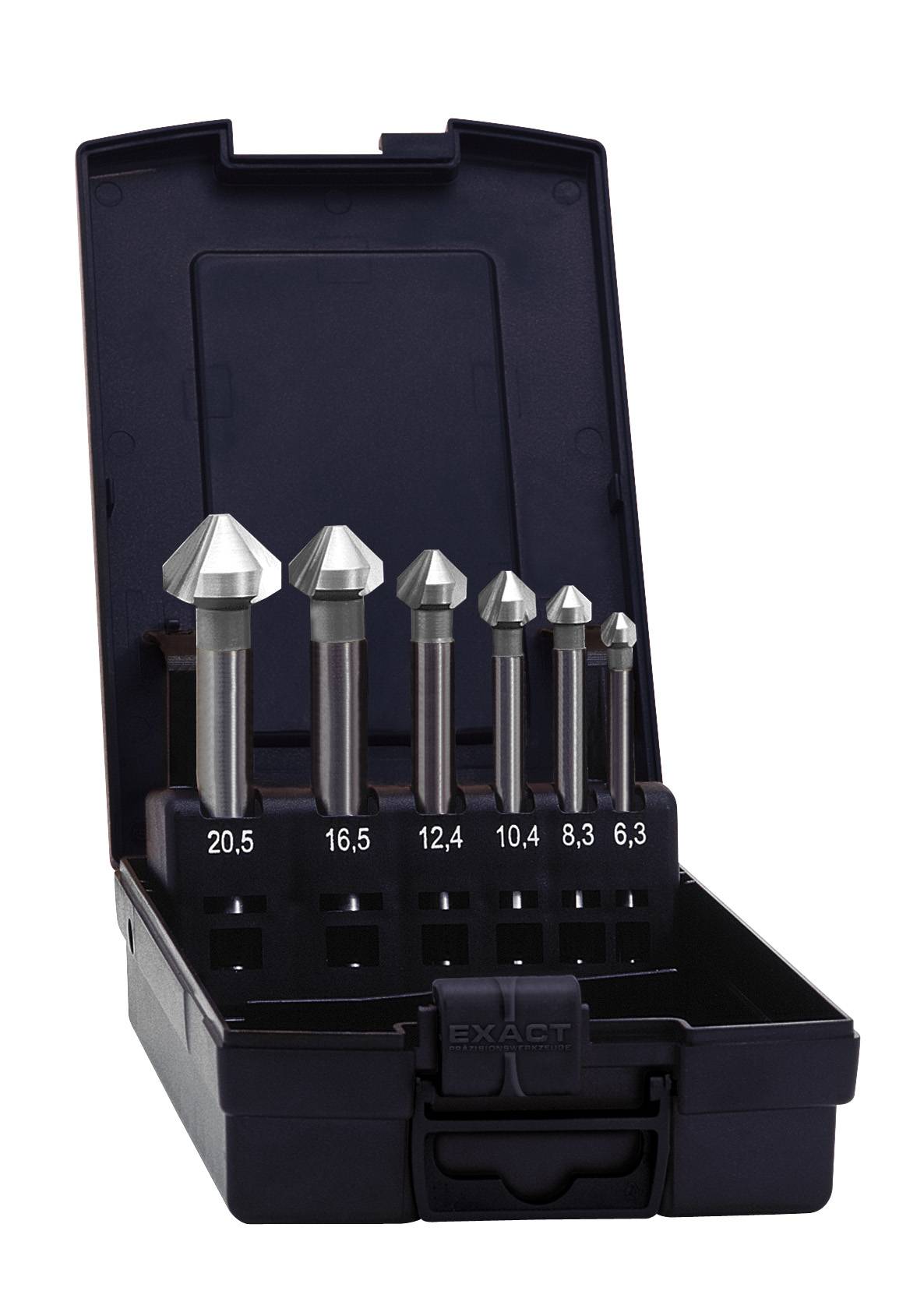 Sechsteiliges Senkbohrer-Set aus Metall, aufrecht angeordnet in einem offenen schwarzen Etui, Größen von 6,3mm bis 20,5mm.