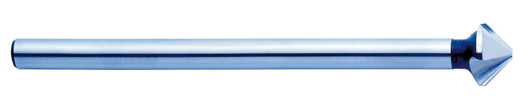 Metallische Kegelsenker mit zylindrischem Schaft, spitzem Kegelkopf, reflektierende Oberfläche, für Bohrungen in Materialien.