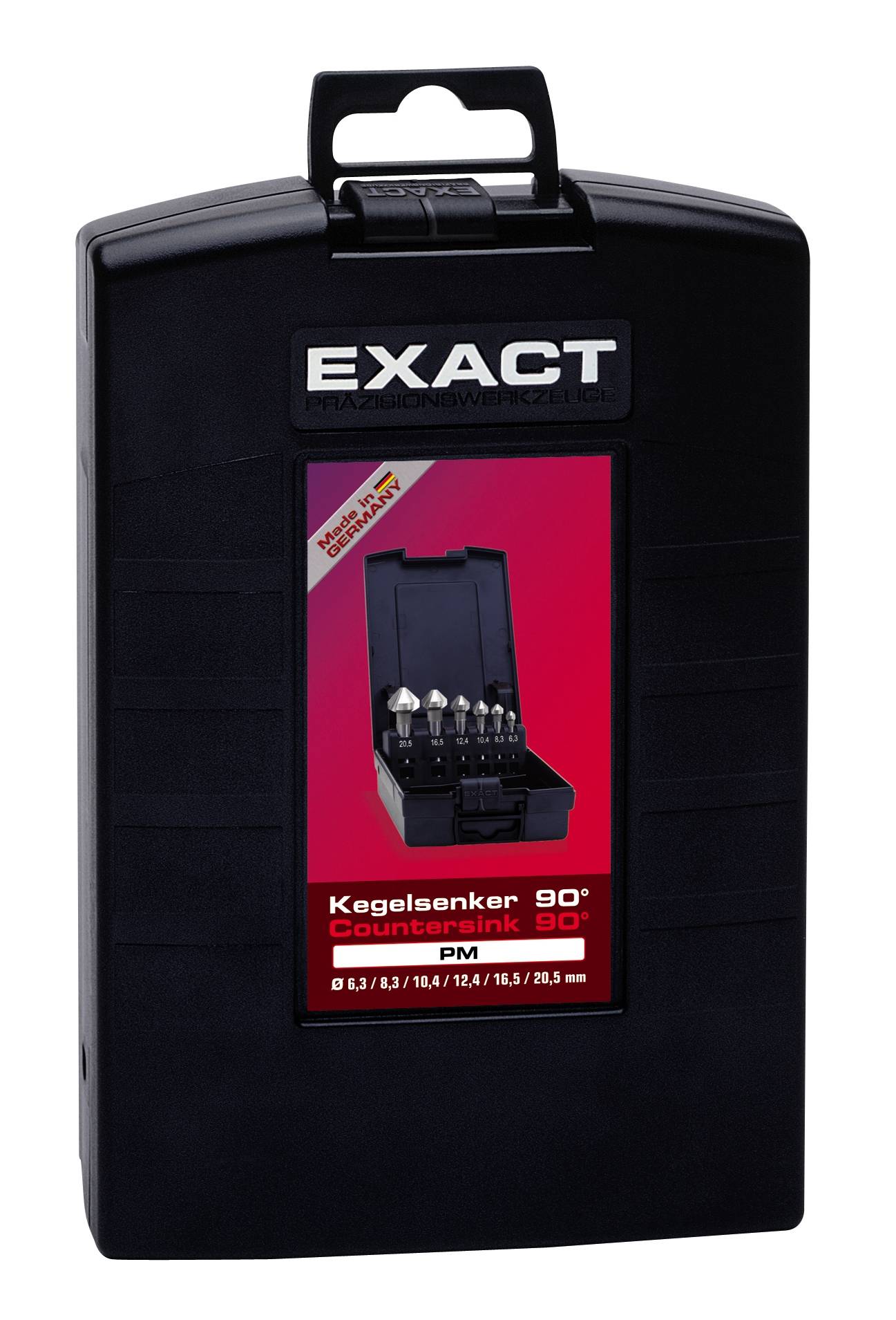 Schwarze Kunststoffbox mit der Aufschrift 'EXACT', enthält Kegelsenker. Produktname: 'Kegelsenker 90° Countersink 90°', Größenangaben unten.