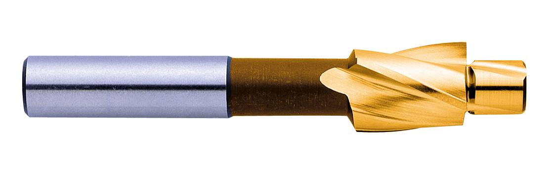 Ein mehrstufiger Schaftfräser aus Metall mit silberner und goldener Beschichtung, verwendet zum Bohren und Fräsen in der Metallverarbeitung.