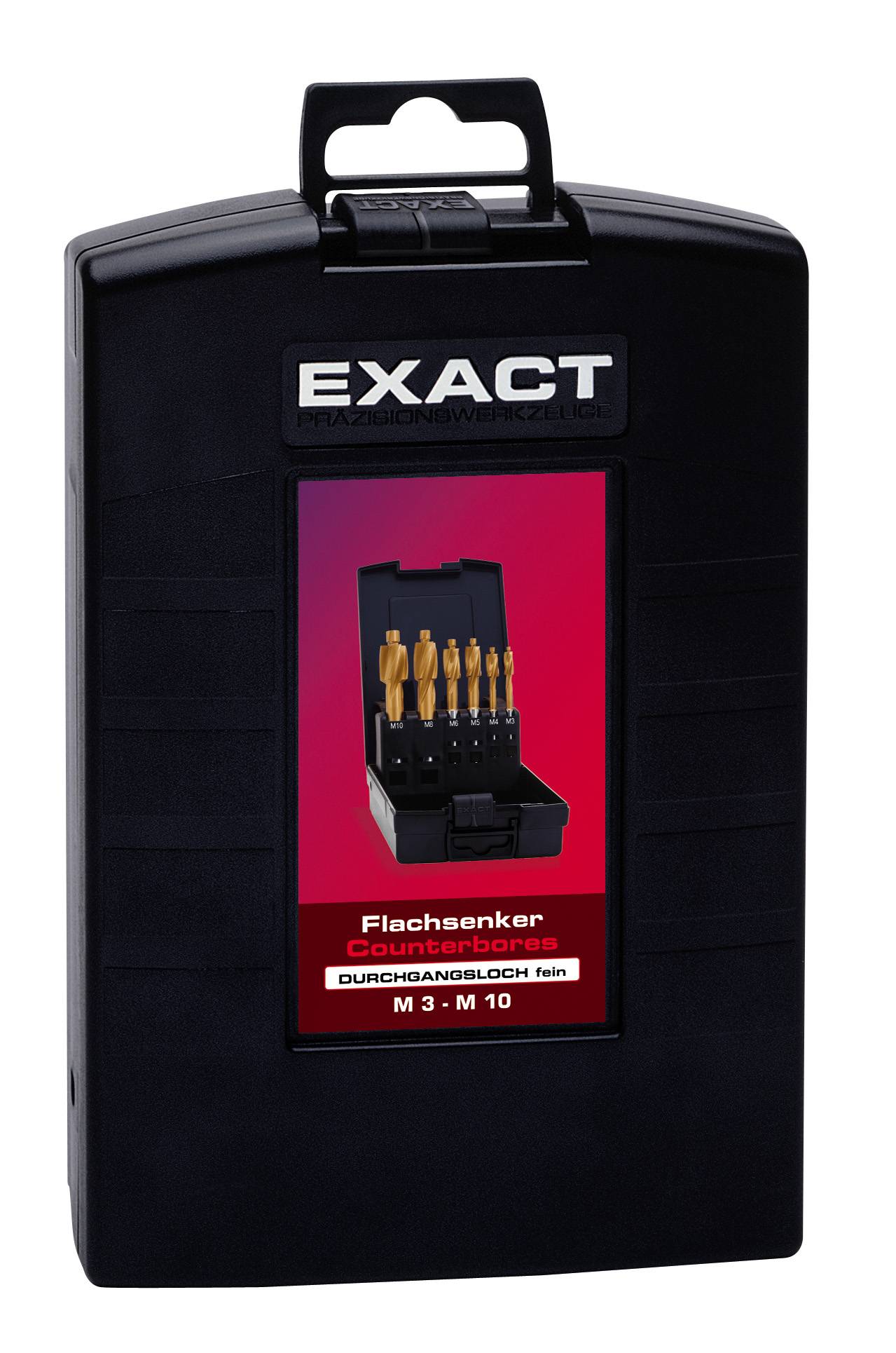 Schwarze Verpackung mit der Aufschrift 'Exact'. Enthält Satz von Flachsenkern, Größenbereich M3 bis M10, auf rotem Hintergrund abgebildet.