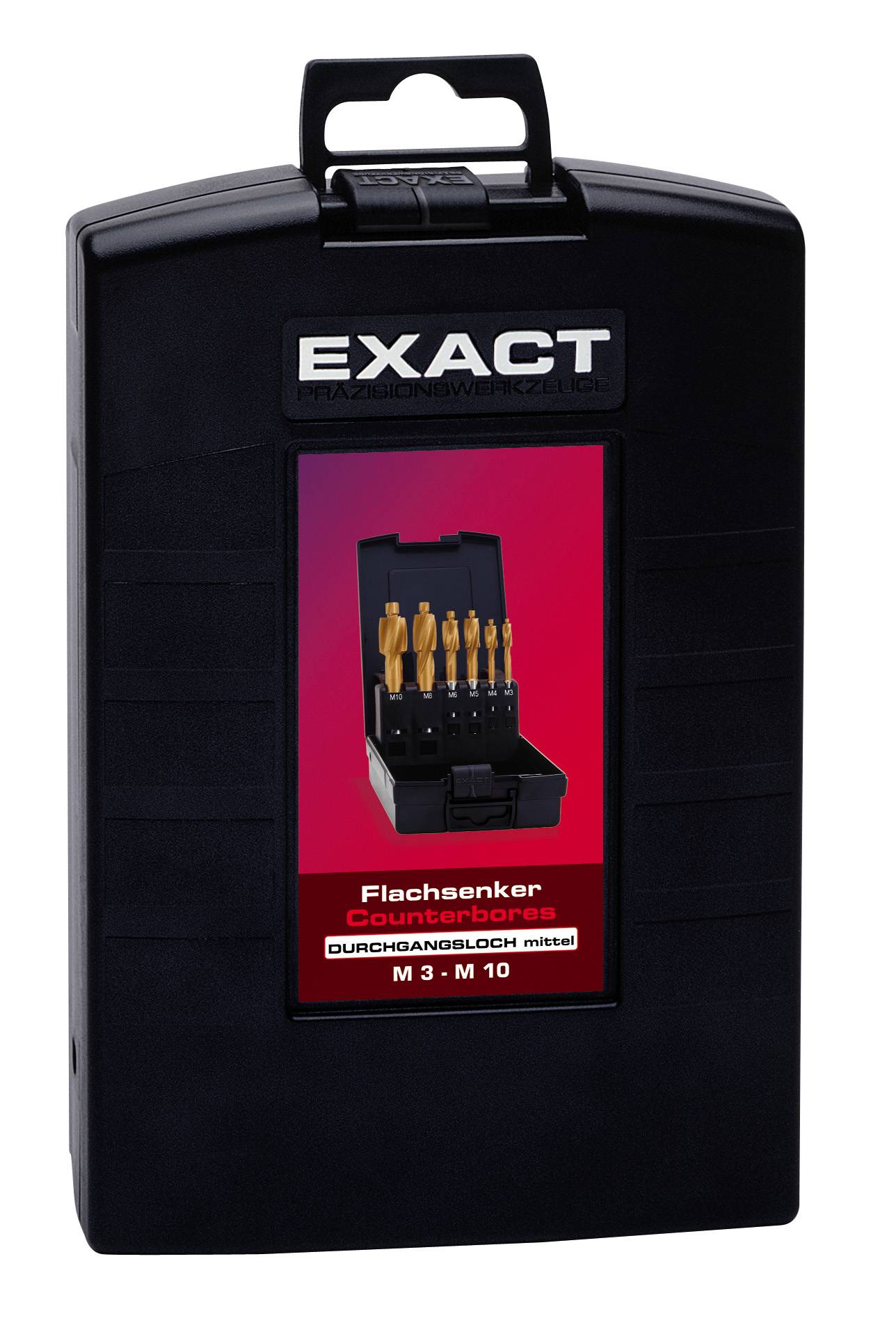 Schwarze Verpackung mit der Aufschrift 'EXACT' oben. Zeigt einen Satz Flachsenker-Bohrer, M3-M10, auf rotem Hintergrund in der Mitte.