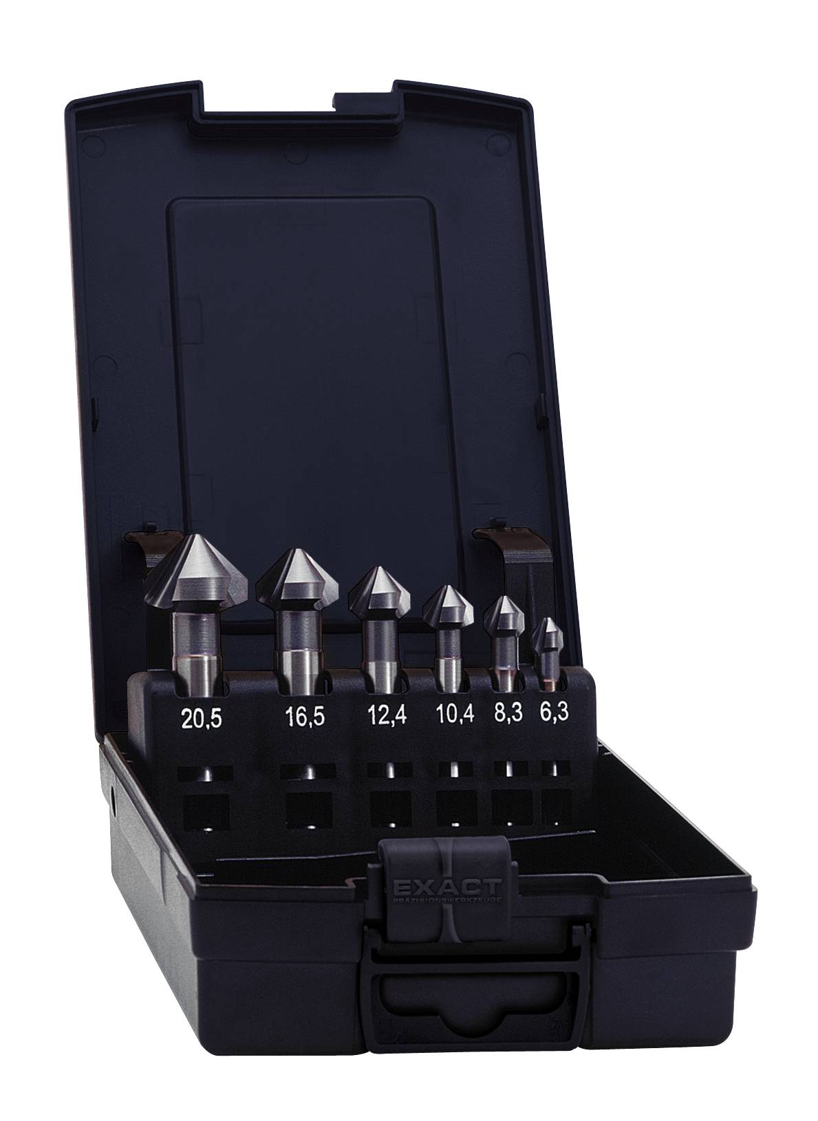 Ein offener Werkzeugkoffer mit sechs Kegelsenker-Bohrern unterschiedlicher Größe, von 20,5 mm bis 6,3 mm, aufgereiht in Halterungen.