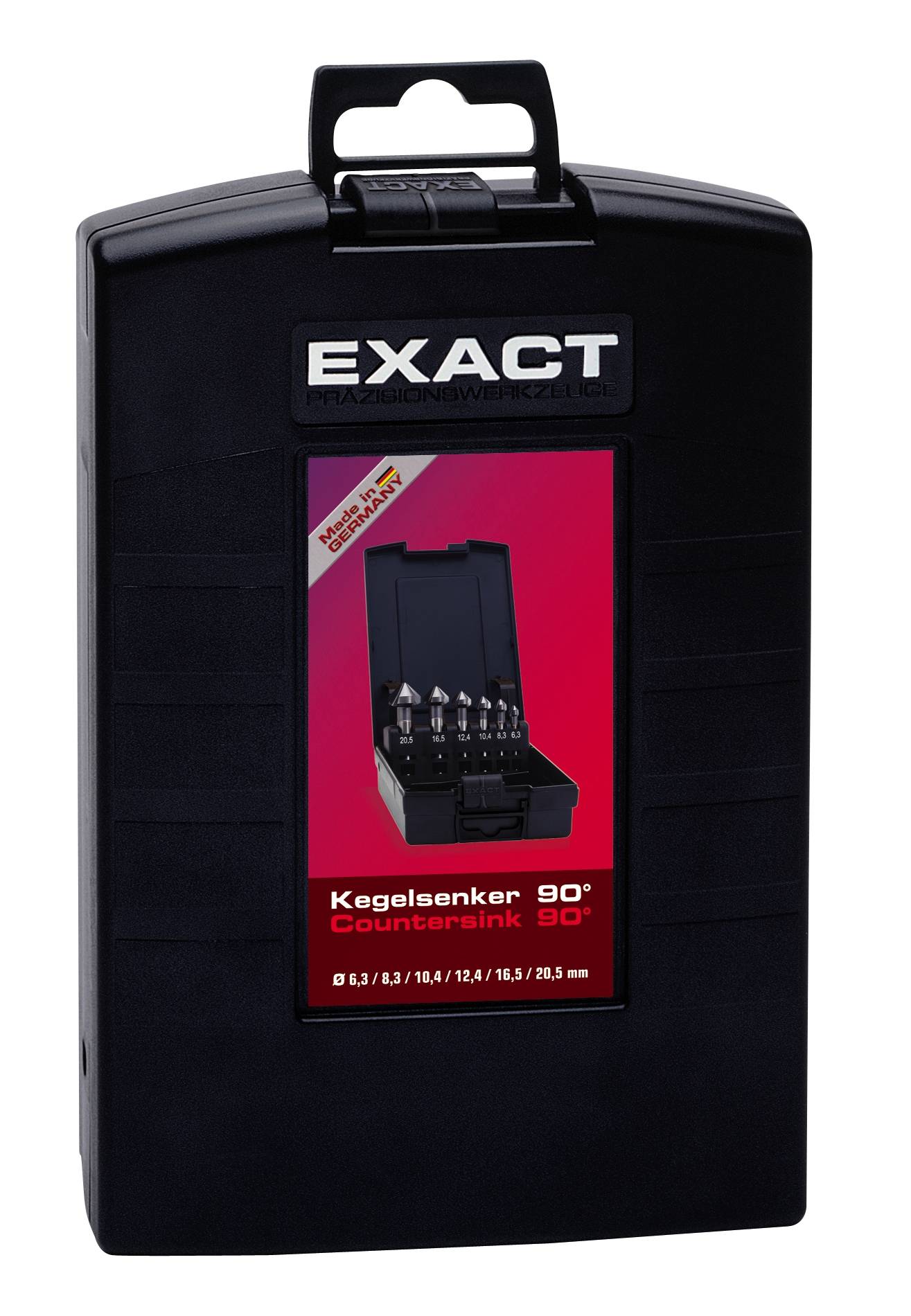 'EXACT' Werkzeugkasten mit Kegelsenker-Set 90°. Enthält fünf Bohrer verschiedener Größen (6,3 mm bis 20,5 mm) in einer schwarzen Box. Geeignet für Präzisionsarbeiten.