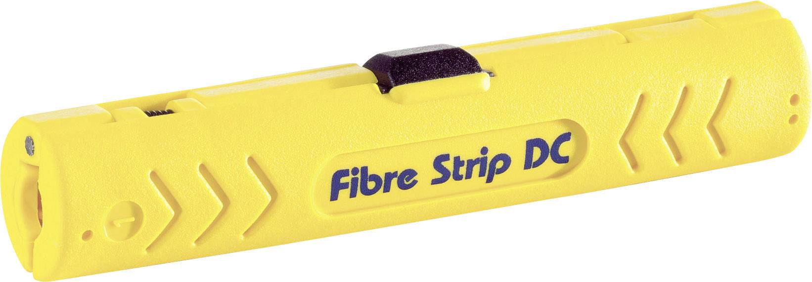 Gelbes Entmantelungswerkzeug für Glasfaserkabel mit der Aufschrift 'Fibre Strip DC', verwendet zum präzisen Entfernen von Kabelmänteln.
