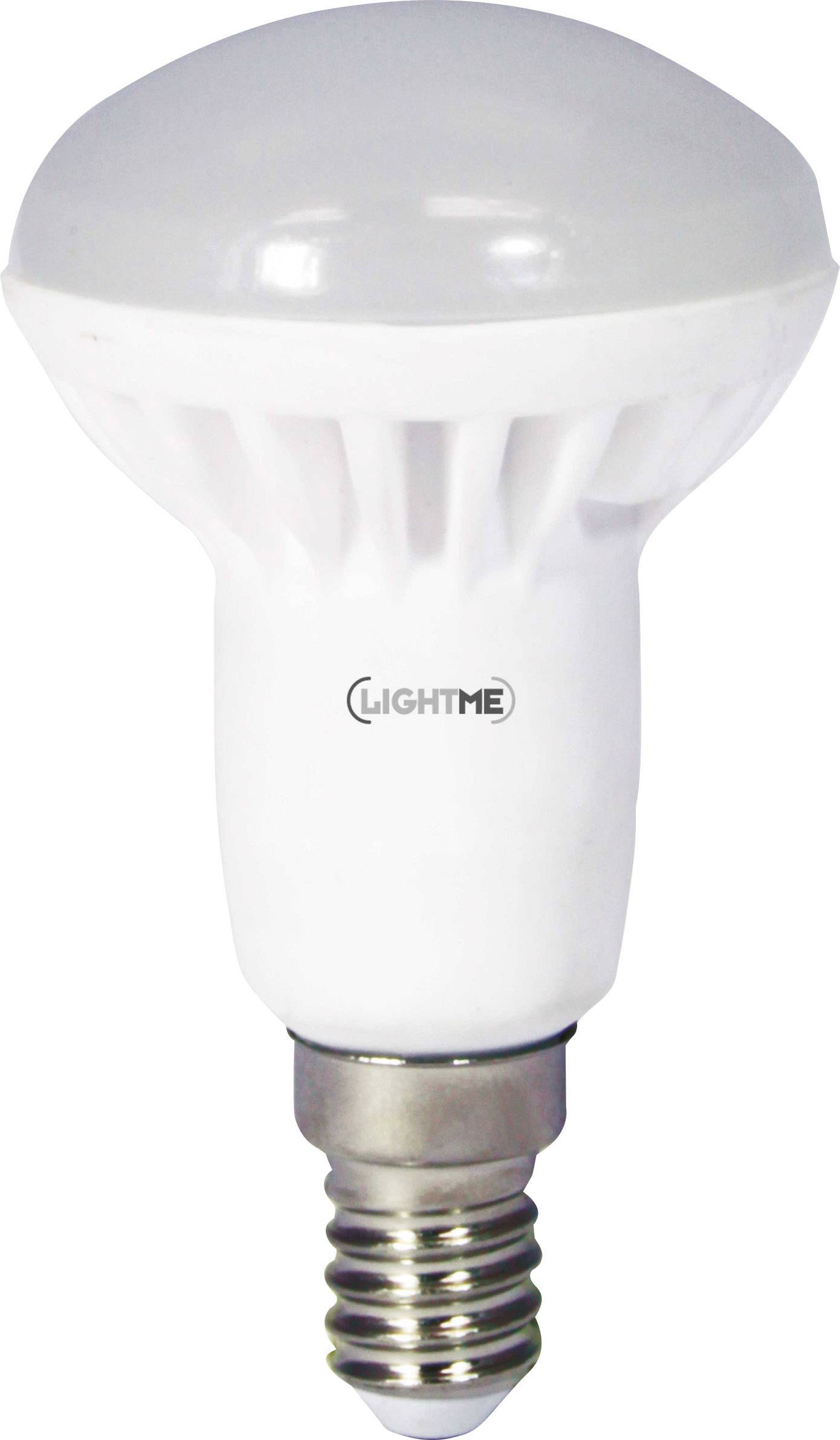 LED-Glühbirne mit E14-Sockel und der Aufschrift 'LIGHTME' auf weißem Gehäuse. Energiesparend, geeignet für Standard-Lampenfassungen.