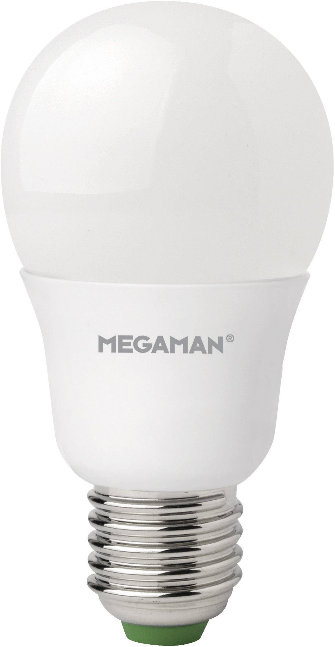 Weiße LED-Glühbirne mit Schraubsockel, Markenname 'MEGAMAN' sichtbar auf dem Sockel.