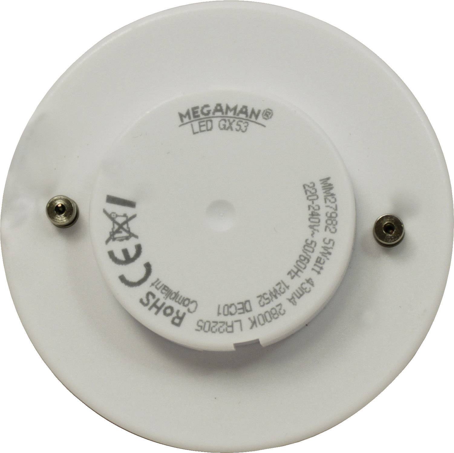 LED GX53 Leuchtmittel von Megaman, 230V-50Hz, 5W, CE und RoHS konform, Modellnummer MM28922, warmweiß 2800K.