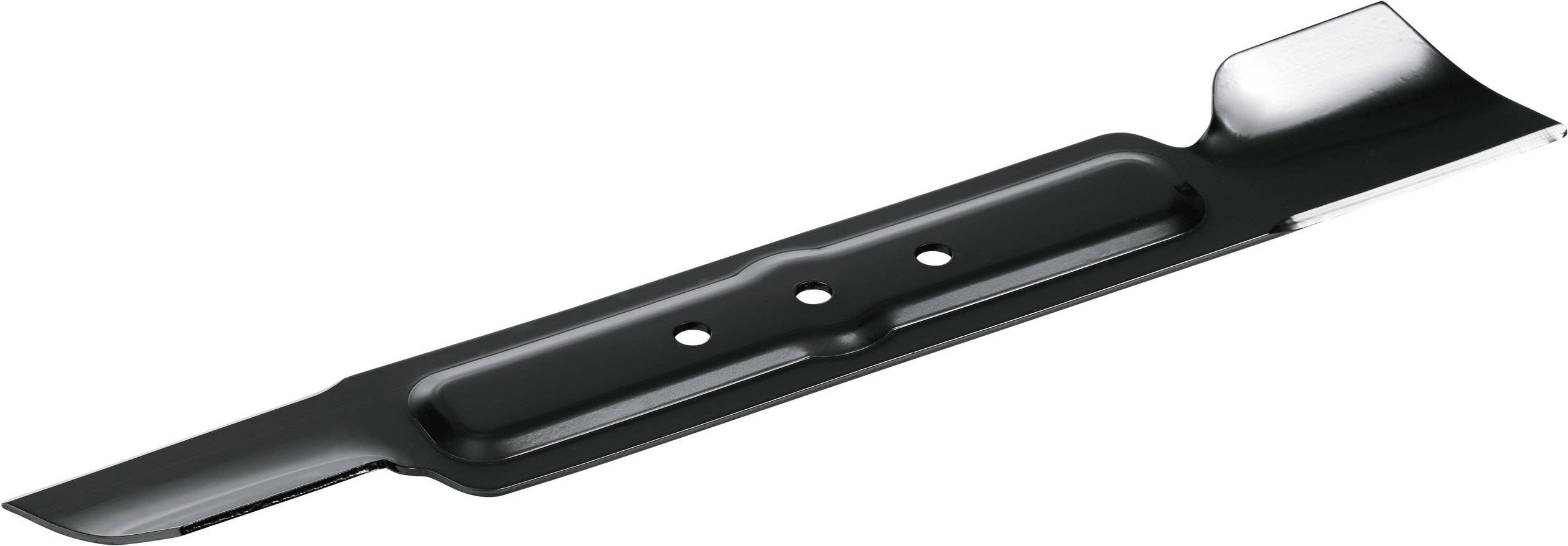 Rasenmäherklinge aus Metall mit drei Löchern in der Mitte, geeignet für den Austausch in einem Rasenmäher.