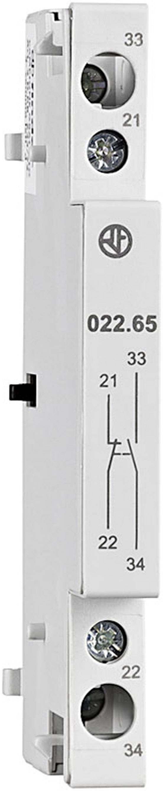 Ein weißes elektrisches Bauteil mit Schraubklemmen, gezeichnetes Schaltsymbol und den Nummern 022.65, 33, 21, 22, 34 auf der Vorderseite.