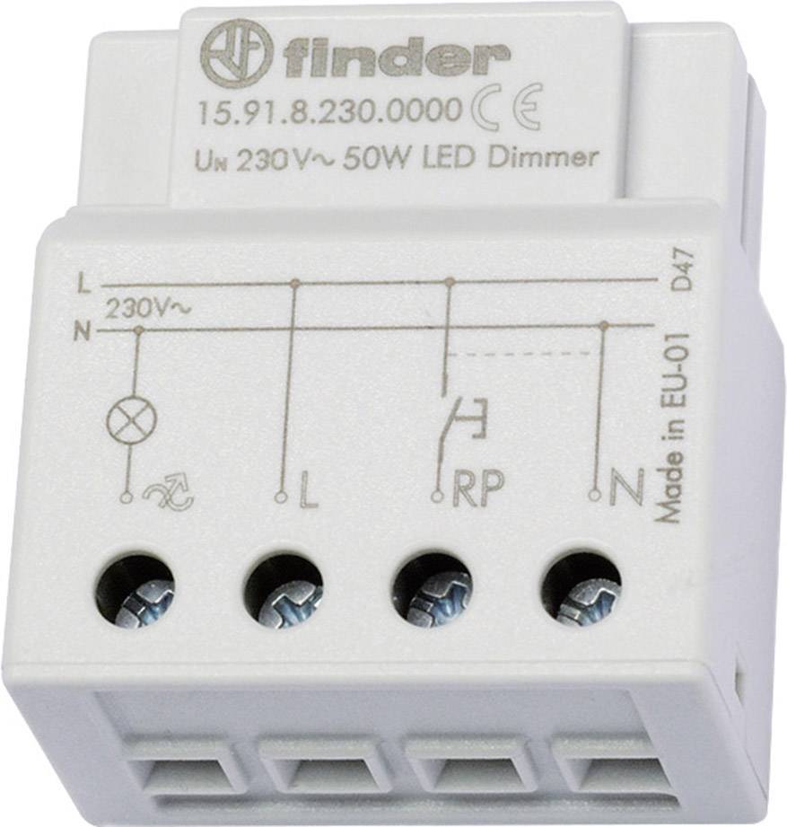 Weißer, rechteckiger LED-Dimmer mit Anschlussklemmen und Aufdruck für Leistungsdaten.