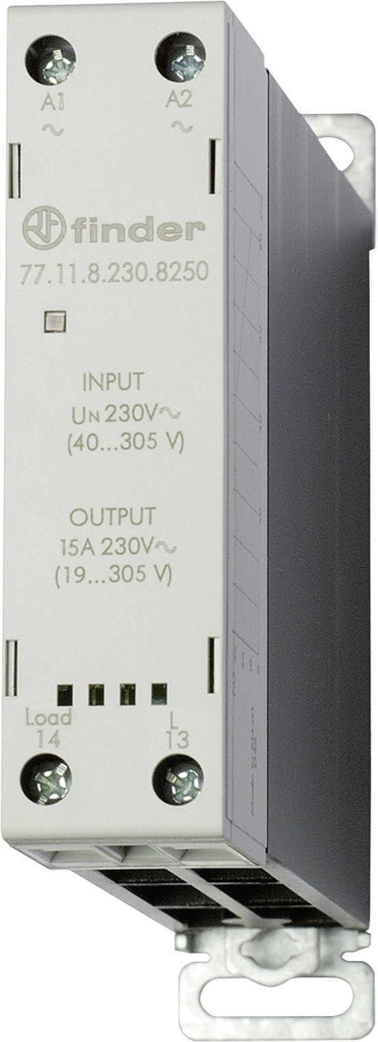 Ein elektronisches Relais von Finder, Modellnummer 77.11, für eine Eingangsspannung von 230V~ und eine Ausgangsleistung von 15A.