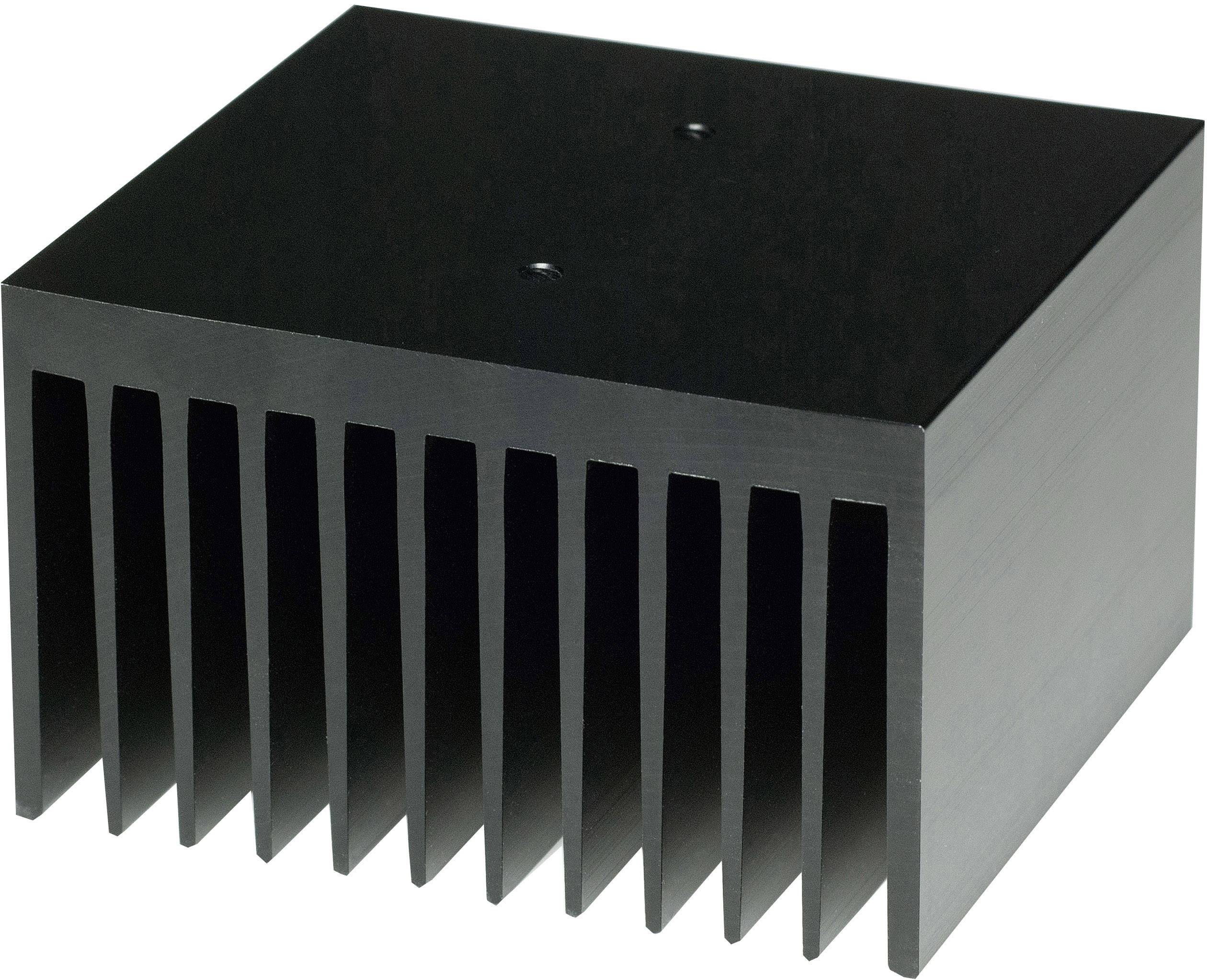 Schwarzer Aluminiumkühlkörper mit mehreren parallelen Rippen, dient zur Wärmeableitung in elektronischen Geräten.