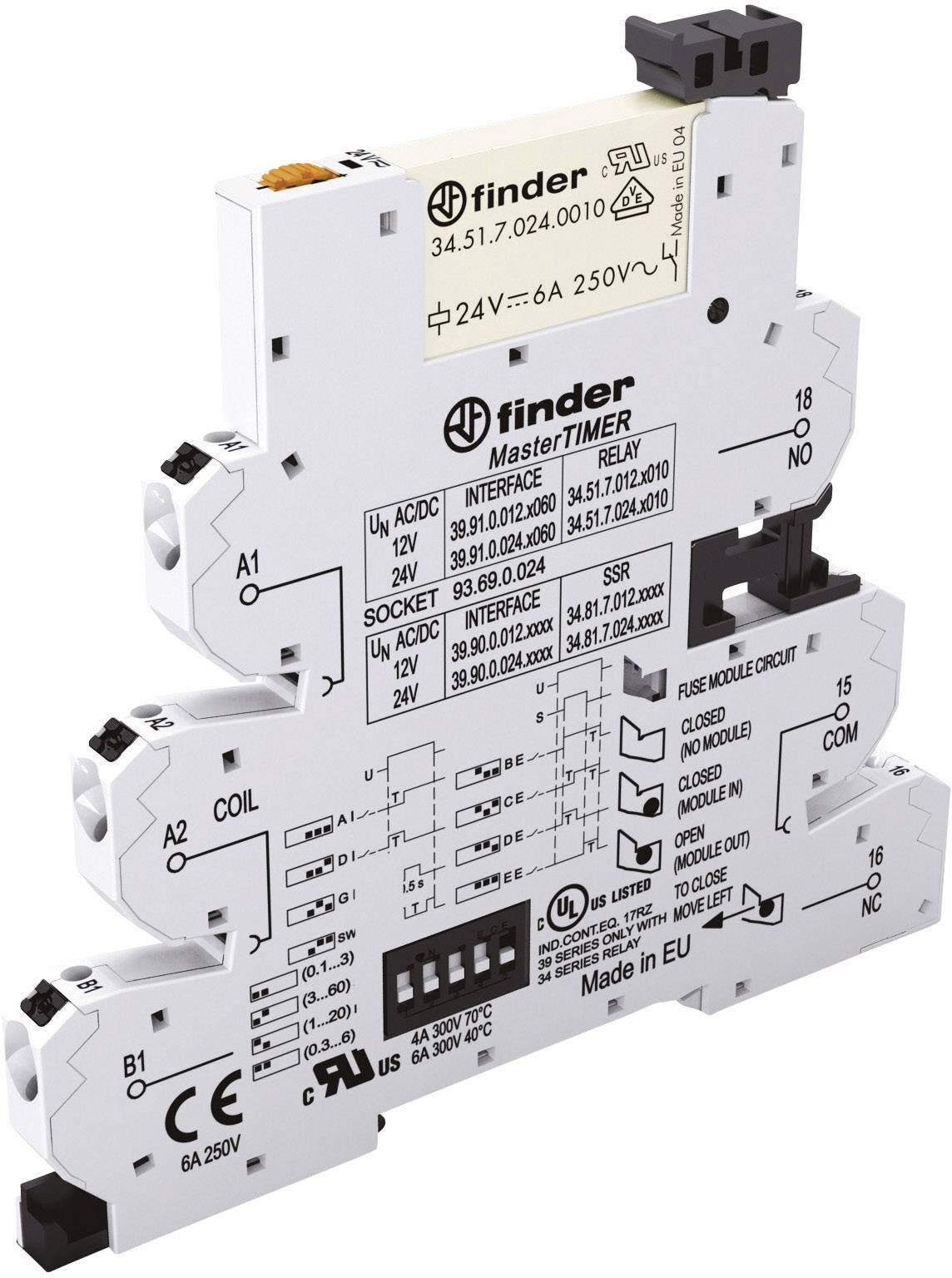 Ein Finder MasterTIMER Relais mit mehreren Steckplätzen und Anschlussmöglichkeiten, zeigt technische Spezifikationen und elektrische Details für Steuerung und Integration in Schaltsysteme.