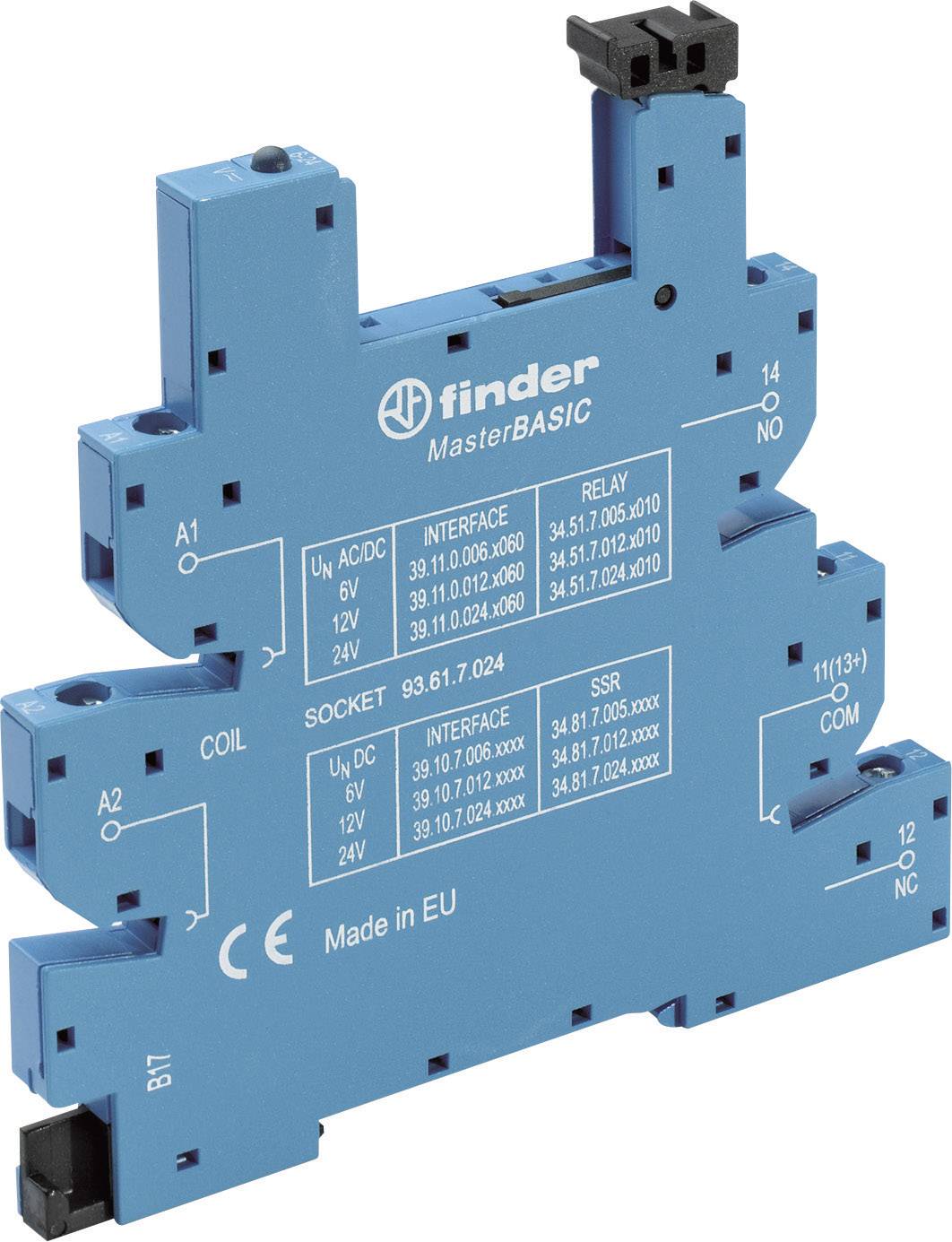 Ein blauer Finder-Sockel, Modell 93.61.7.024, hergestellt in der EU, geeignet für verschiedene Relais und Spannungen, seitlich beschriftet.