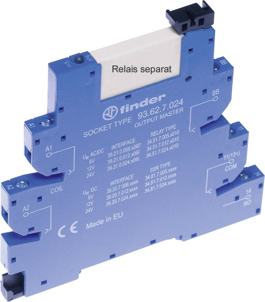 Blaues Finder-Relaismodul, Typ 93.62.7.024, mit abnehmbarem Relais und Beschriftung 'Relais separat'. Europäisches Produkt.