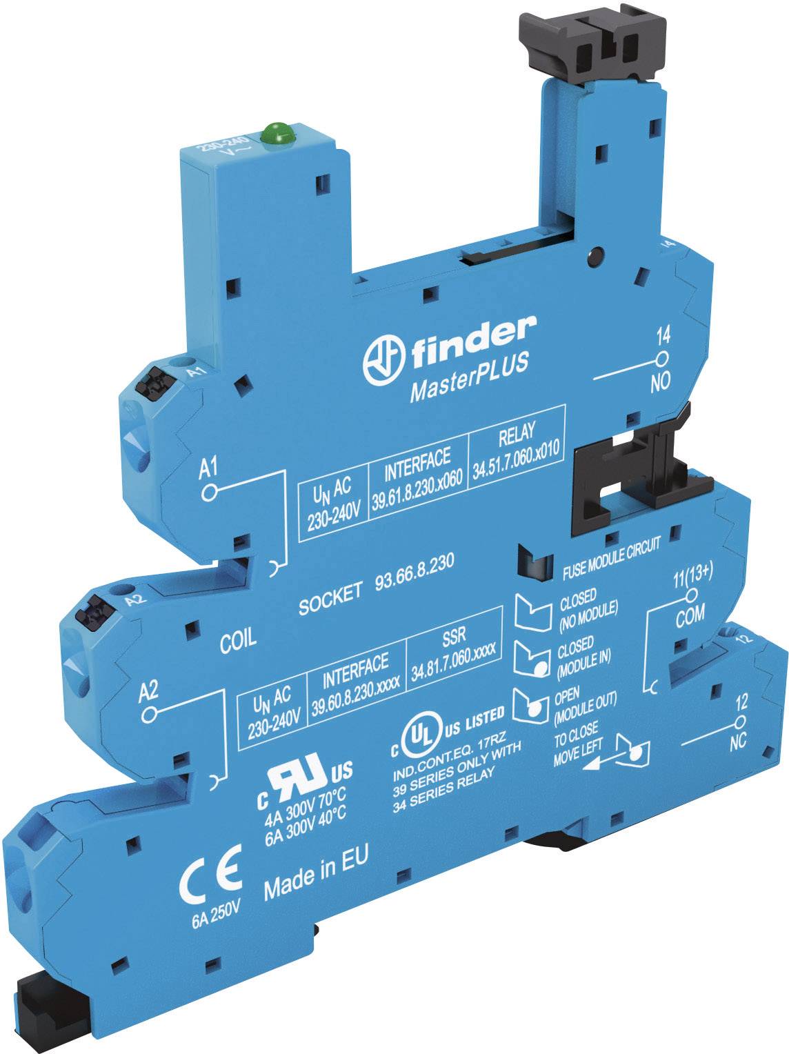 Ein blaues Finder MasterPlus Relais-Modul mit technischen Spezifikationen und Kennzeichnungen auf der Oberfläche, für elektrische Anwendungen.