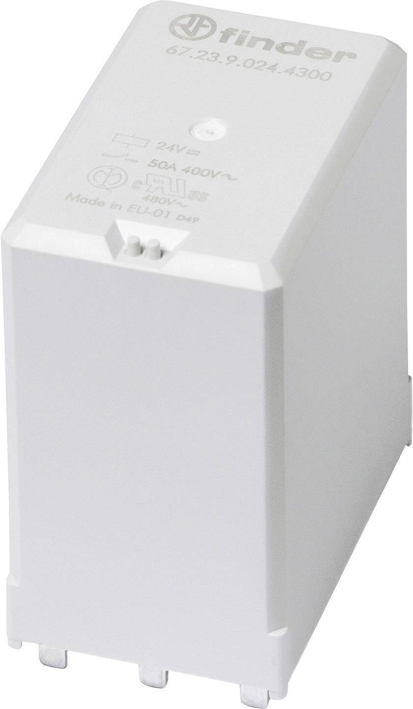 Ein weißes elektrisches Relais der Marke Finder, Modell 67.23.9.024.4300, 24V mit 50A 400V~ Spezifikationen, hergestellt in der EU.