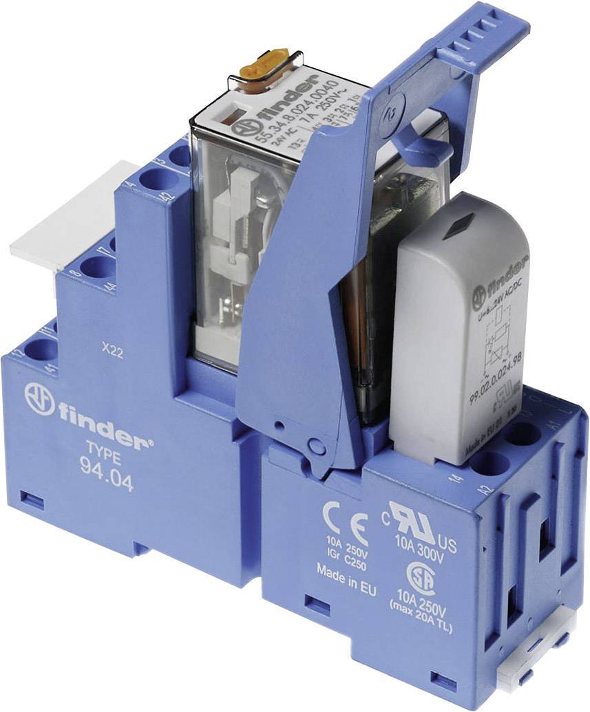 Ein blaues elektrisches Relaismodul, Typ 94.04 von der Marke Finder, geeignet für 10A und 250V Anwendungen, mit CE- und UL-Zulassungen.