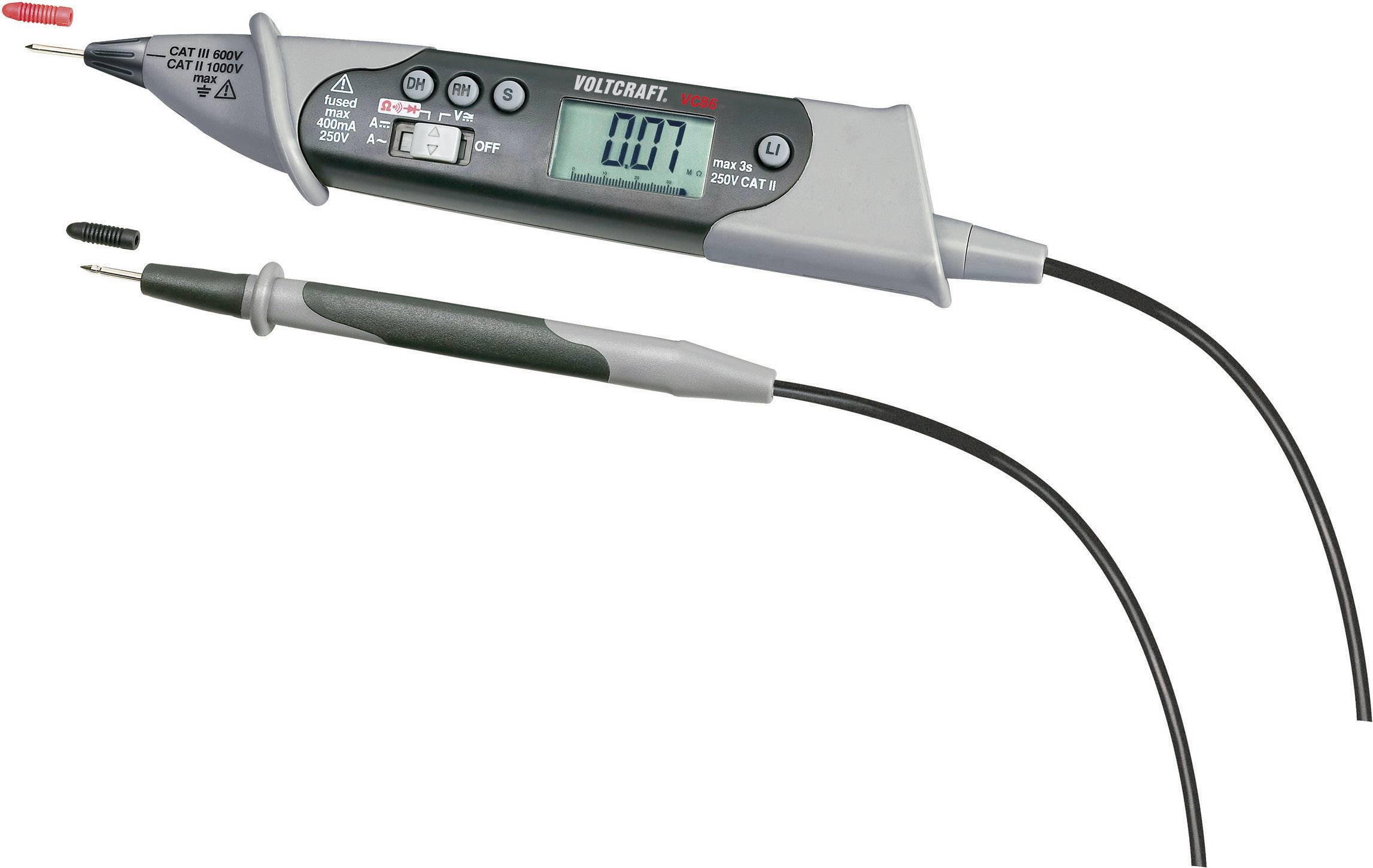 Ein digitales Voltmeter mit Display zeigt '0,07' Volt. Es hat zwei Sonden zum Messen von elektrischen Spannungen.