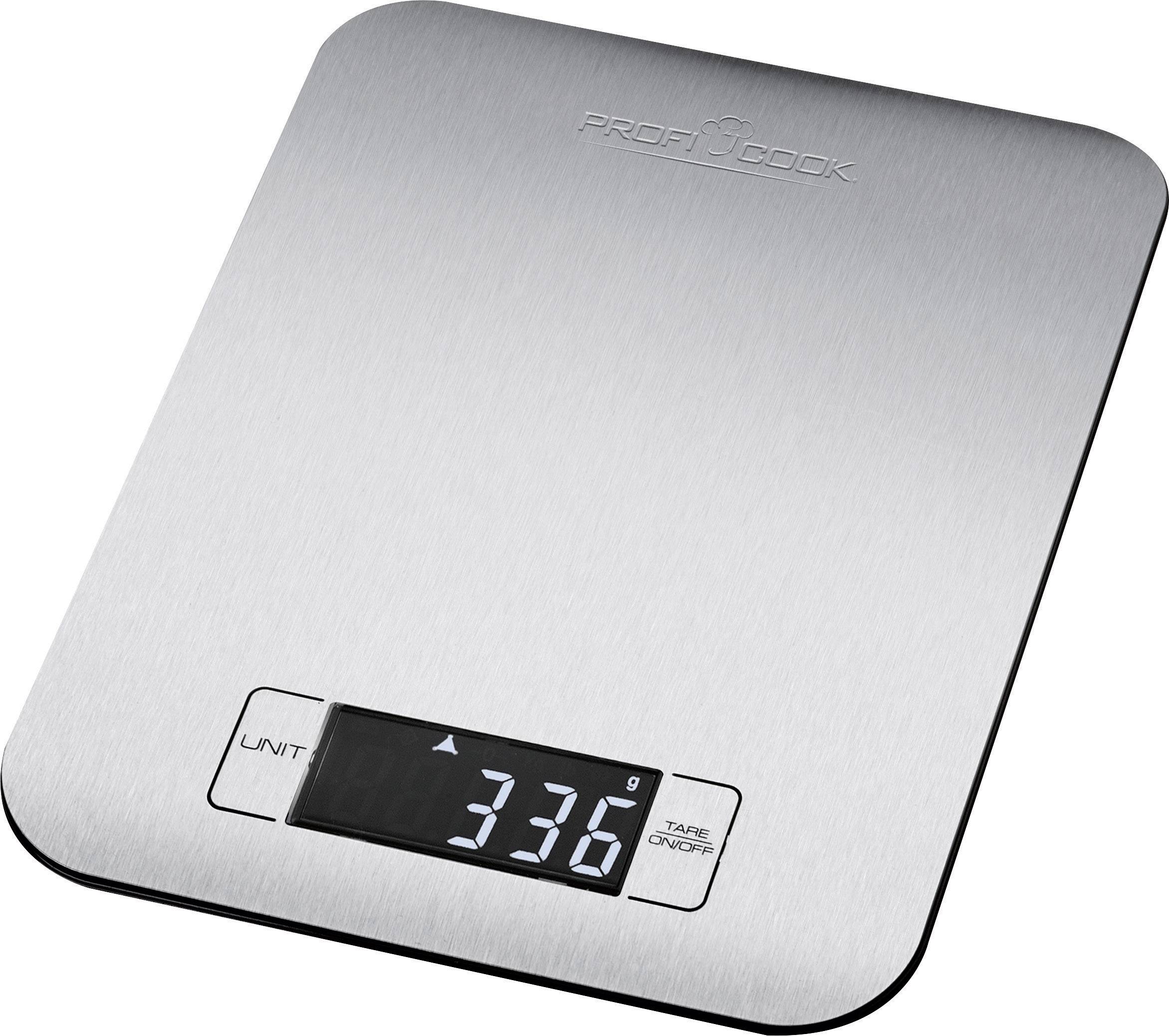 Digitalwaage mit Edelstahloberfläche; Display zeigt '33,6 g'; Tasten für Einheit und Tara-On/Off.