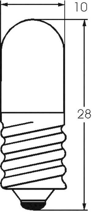 Zeichnung einer Glühbirne mit Gewinde. Markiert sind die Maße: 10 mm Breite und 28 mm Höhe.