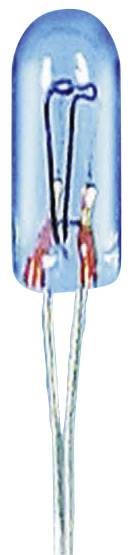 Eine blaue Glühlampe mit zwei herausragenden Drähten, dargestellt frontal.