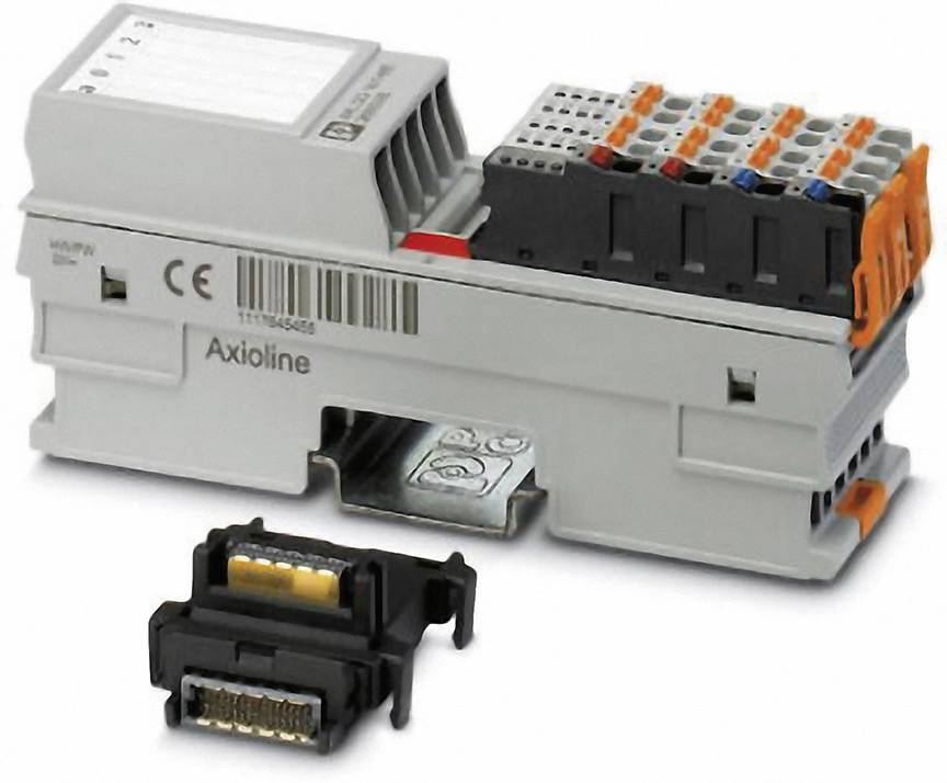 Ein AxioLine-Modul mit mehreren Anschlüssen und einem separaten Steckadapter. Es ist für industrielle Steuerungsanwendungen geeignet.
