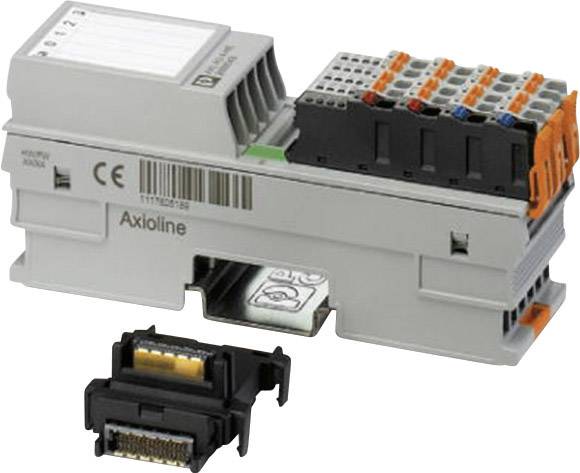 Elektronische Steuerungseinheit mit mehreren Anschlüssen zur Hutschienenmontage, daneben ein abgetrenntes Modul mit Steckverbindung.