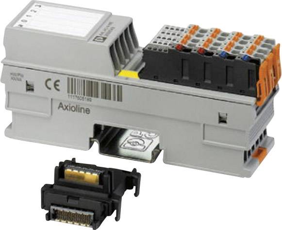 Ein digitales Industrie-I/O-Modul mit mehreren Anschlussklemmen und Prüfzeichen. Darunter ein Steckverbinder mit vergoldeten Kontakten.