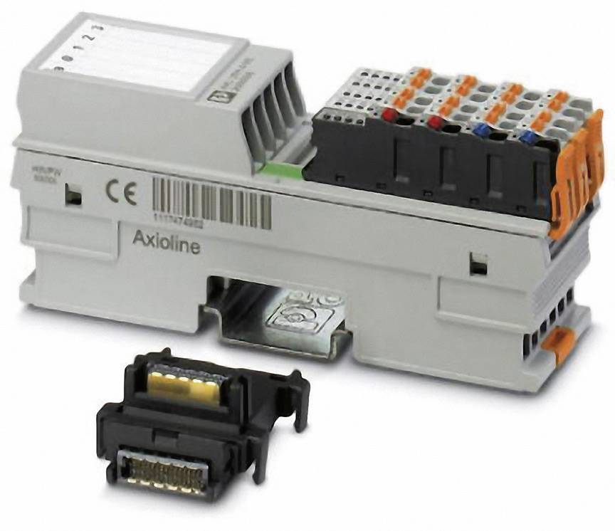 Ein Modul für industrielle Automatisierung mit mehreren Anschlüssen und farbigen Steckverbindungen, daneben ein kleinerer Adapter.