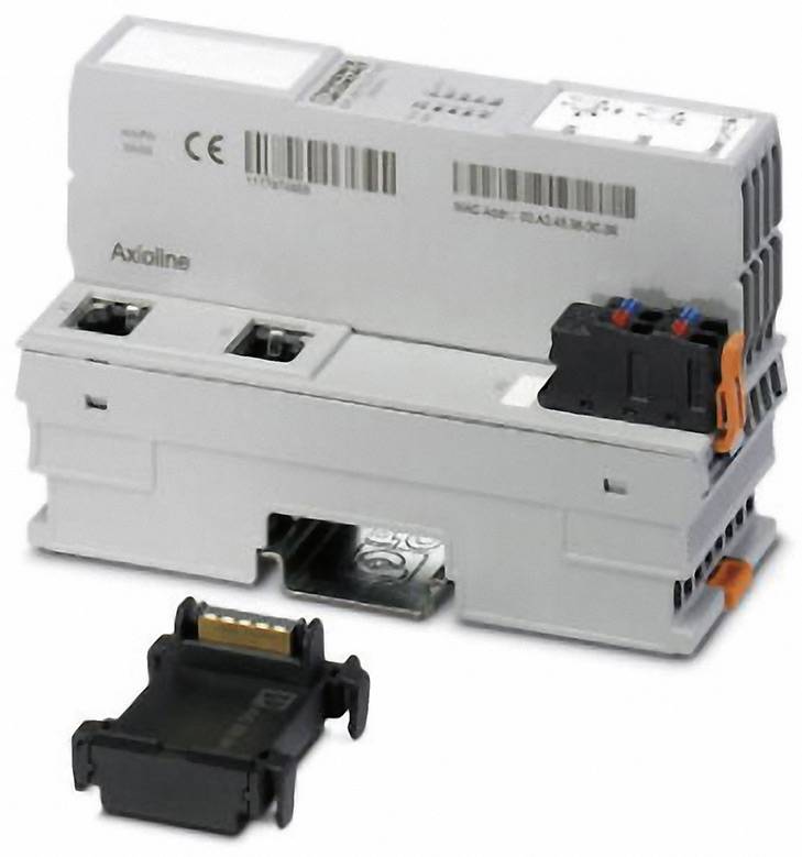 Elektronische Steuerungseinheit auf Hutschiene montiert, mit abnehmbarer Komponente vorne und Beschriftungen auf der Oberseite.