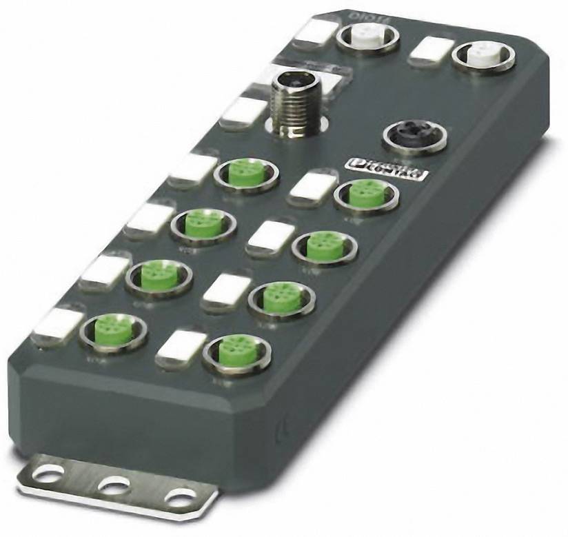 Ein rechteckiges elektronisches Gerät mit mehreren grünen und schwarzen Anschlussbuchsen, verwendet für industrielle Anwendungen.
