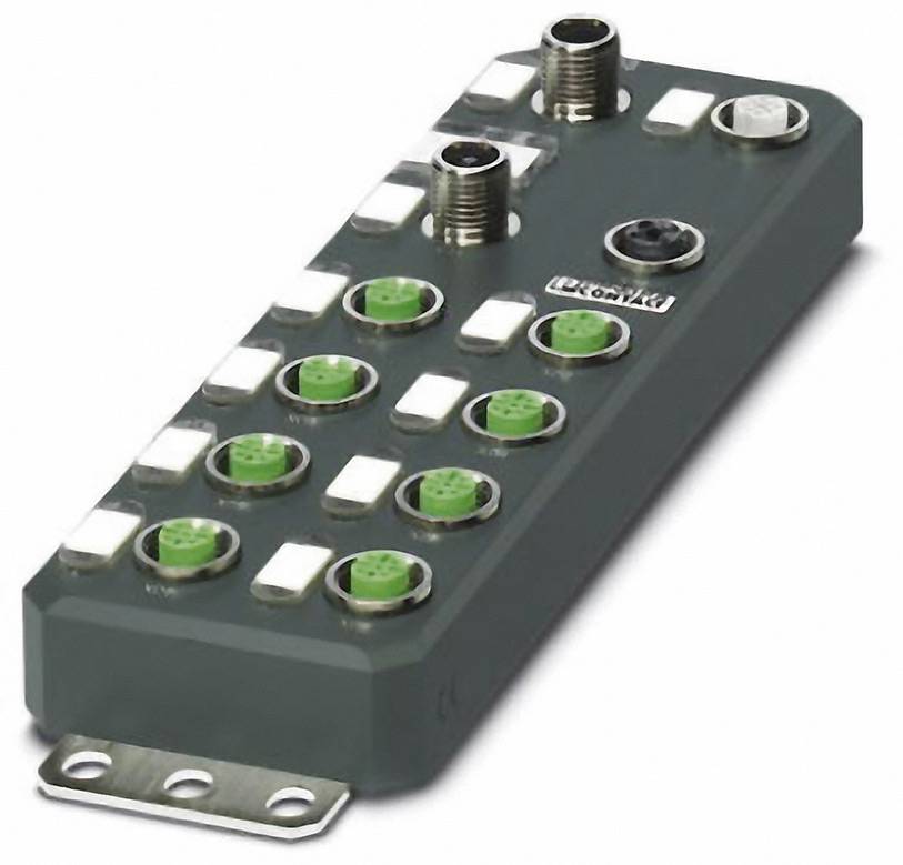 Ein mehrpoliger elektrischer Anschlussblock mit mehreren grünen und silbernen Steckplätzen und zwei großen schwarzen Anschlüssen.