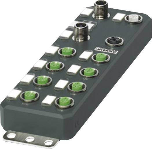 Ein rechteckiges elektronisches Gerät mit mehreren grünen Anschlüssen und zwei Metallverbindern, verwendet in industriellen Anwendungen.