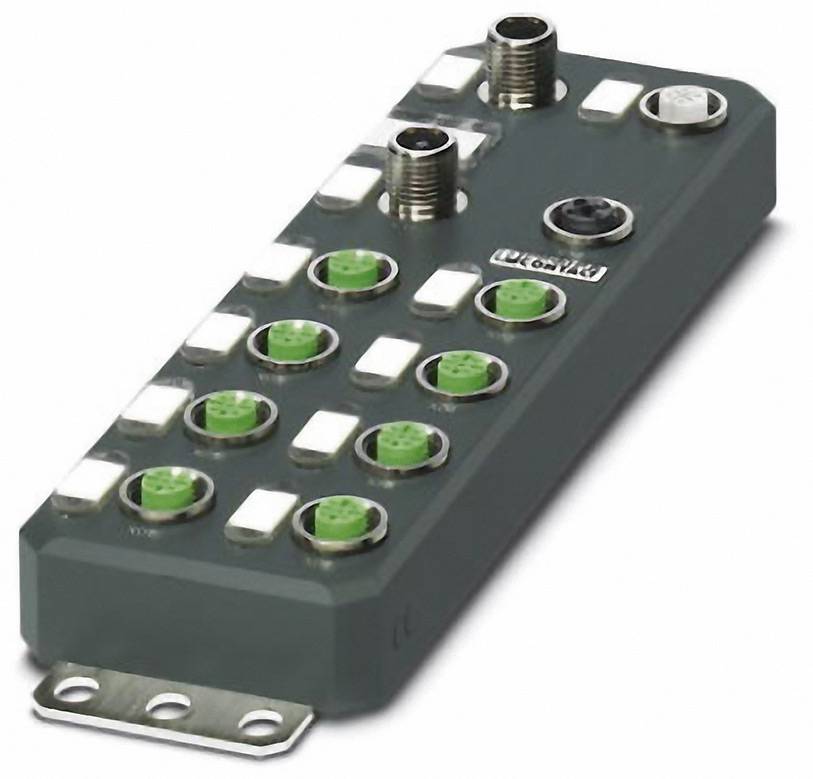 Ein rechteckiges elektronisches Gerät mit mehreren grünen und grauen Anschlüssen, das zur Steuerung von industriellen Prozessen dient.