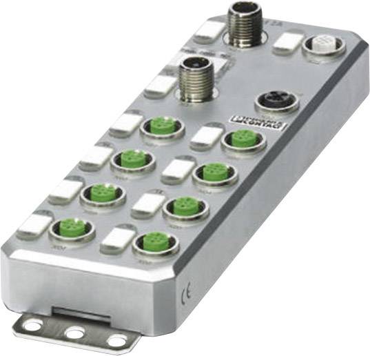 Ein silbernes, rechteckiges elektronisches Gerät mit mehreren grünen und schwarzen Steckverbindungen, für industrielle Anwendungen geeignet.