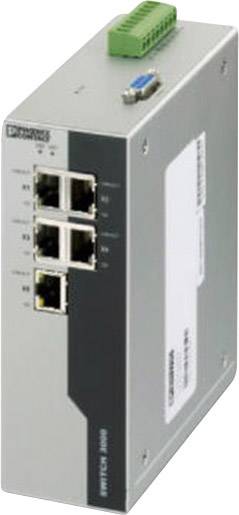 Ein grauer Industrie-Switch mit mehreren Netzwerkanschlüssen und grüner Anschlussleiste oben, geeignet für industrielle Anwendungen.