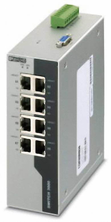 Ein grau-weißes Netzwerkgerät mit acht Ethernet-Ports und einem grünen Terminalblock befindet sich auf einem weißen Hintergrund.