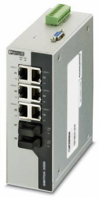 Ein grauer Industrie-Ethernet-Switch mit vier Ethernet- und zwei Glasfaseranschlüssen. Oben ein Anschlussblock und eine serielle Schnittstelle.
