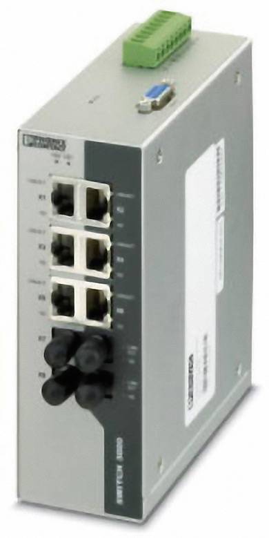 Ein Ethernet-Switch mit zwei Reihen von Netzwerkanschlüssen und einem grünen Anschluss oben zur Strom- oder Datenspeisung.