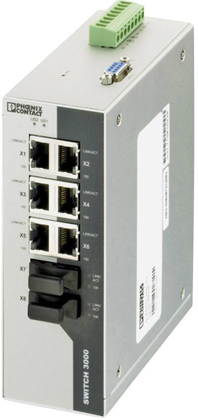 Industrie-Ethernet-Switch mit acht Anschlüssen, inklusive Glasfaseranschlüssen. Marke 'Phoenix Contact', Modell SWITCH 3000.