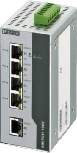 Industrieller Ethernet-Switch mit fünf RJ45-Ports und einem SFP-Port. Markiert mit 'Phoenix Contact'.