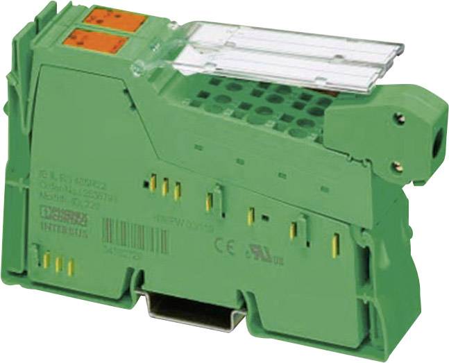 Grünes elektrisches Bauteil mit Steckverbindungen und Schutzabdeckung, vermutlich für industrielle Anwendungen oder Verkabelungen.